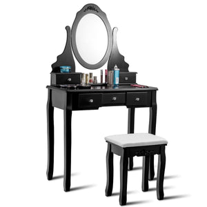 Wooden Vanity Set with 360° Rotating Oval Mirror and Cushioned Stool-Black view 4