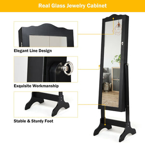 Mirrored Lockable Jewelry Cabinet Armoire Organizer Storage Box-Black view 3