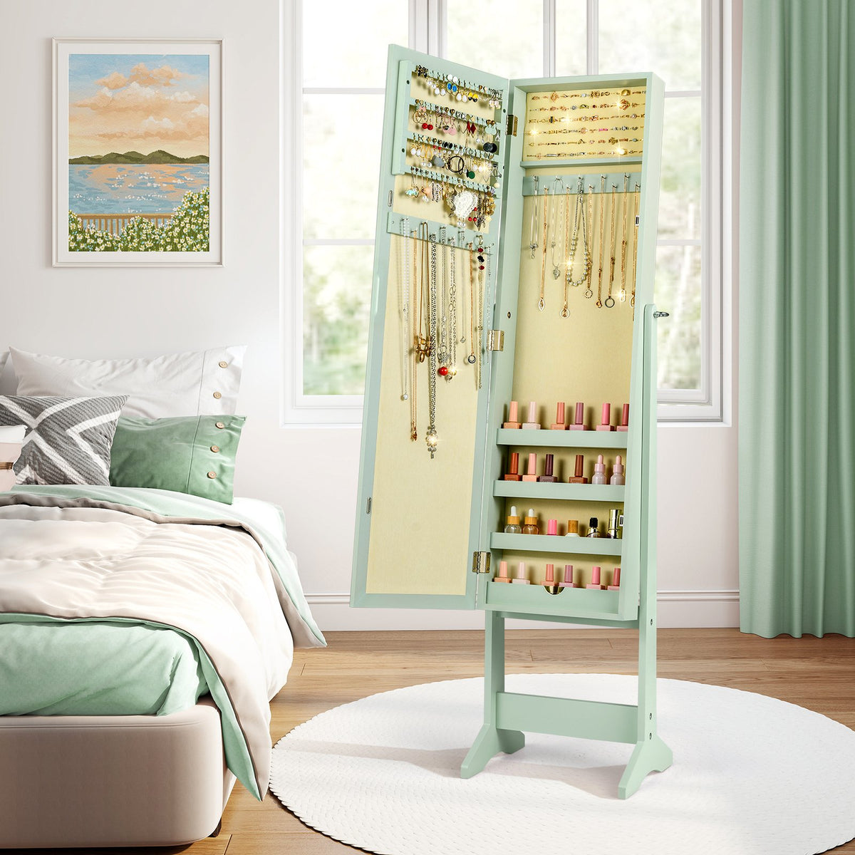 Mirrored Standing Jewelry Cabinet Storage Box-Green view 2