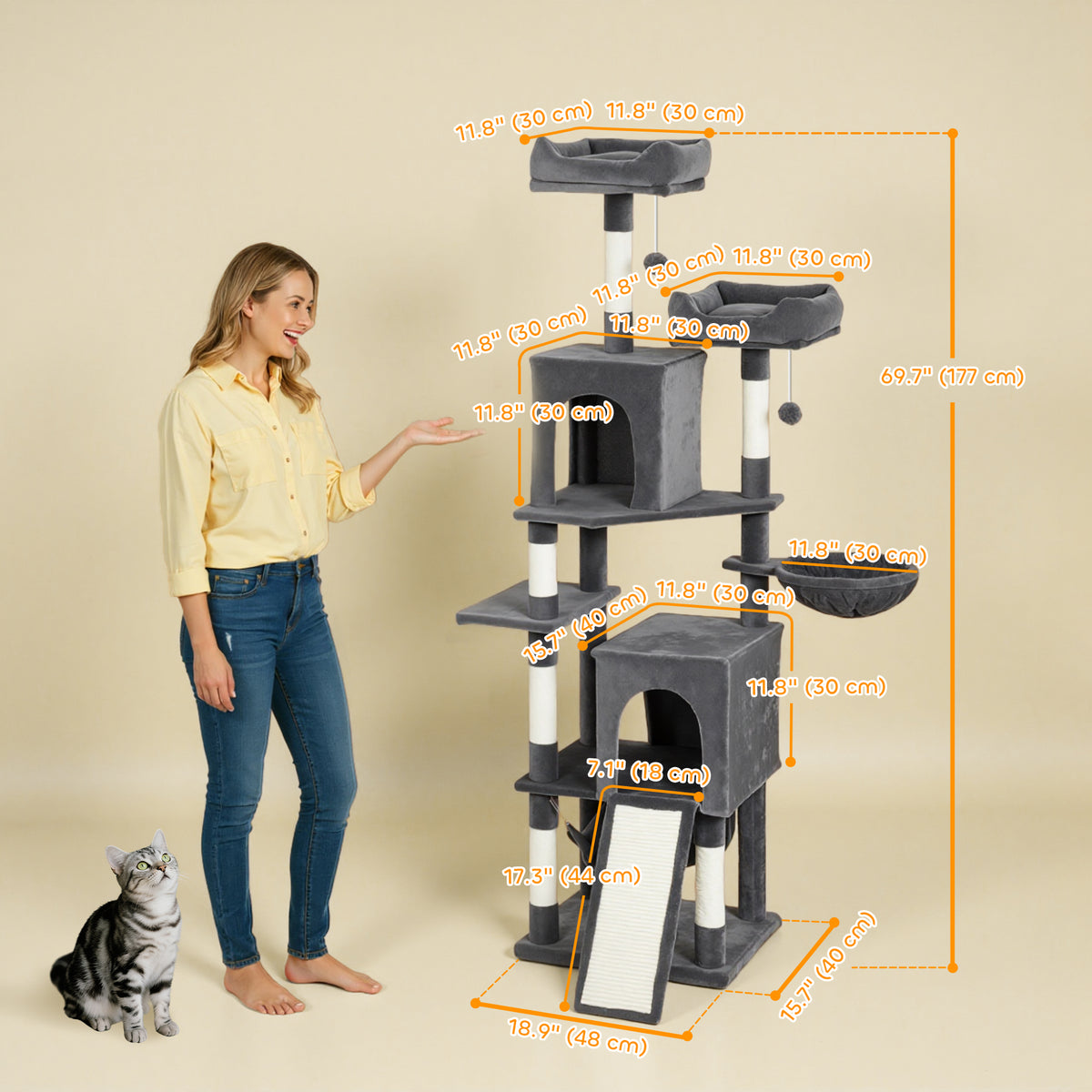 Cat Tree, 70" Multi-Level Cat Tower with 2 Condos, 2 Perches, Hammock, Toy Balls – view 2