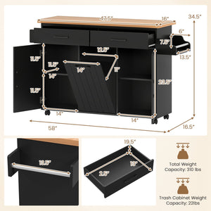 Mobile Kitchen Island Table with Trash Bag Storage for Dining Room-Black view 5