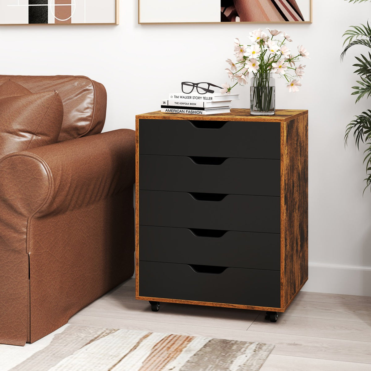 5 Drawer Mobile Lateral Filing Storage Home Office Floor Cabinet with Wheels-Rustic Brown view 2