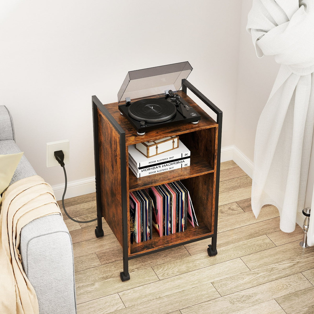 Mobile Record Player Stand with Power Outlet-Rustic Brown view 2