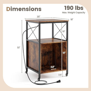 Mobile Record Player Stand with Power Outlet with Open Shelf and Dividers-Rustic Brown view 5