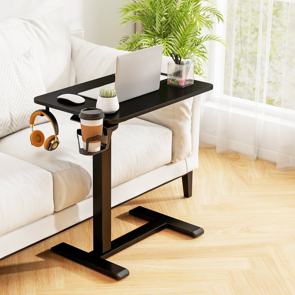 Mobile Standing Desk Height Adjustable Overbed Bedside Table with Cup Holder-Black view 2