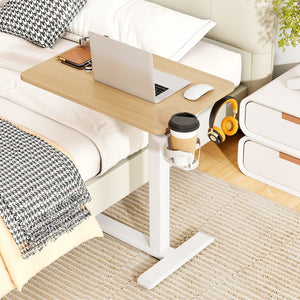 Mobile Standing Desk Height Adjustable Overbed Bedside Table with Cup Holder-Natural view 3