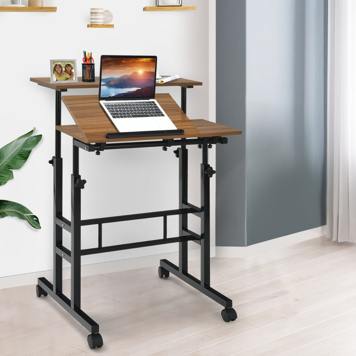 Mobile Standing up Desk Adjustable Computer Desk Tilting Workstation-Walnut view 2