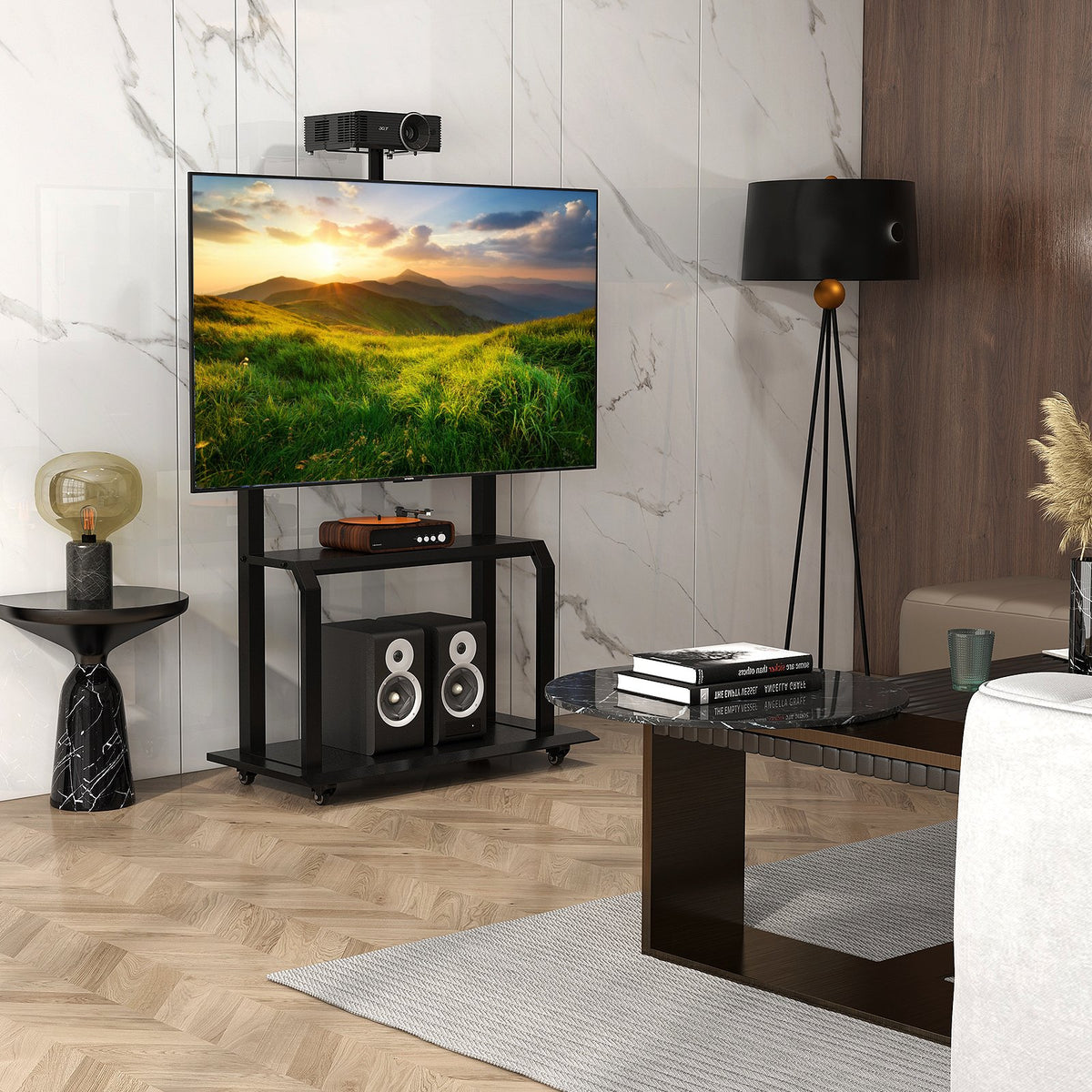 Mobile TV Stand with Camera Shelf and AV Shelves for 32-80 Inch Flat/Curved TVs view 2