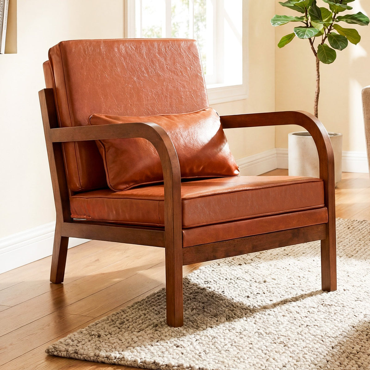 Modern Accent Chair Faux Leather Linen Fabric Upholstered Armchair-Brown view 2