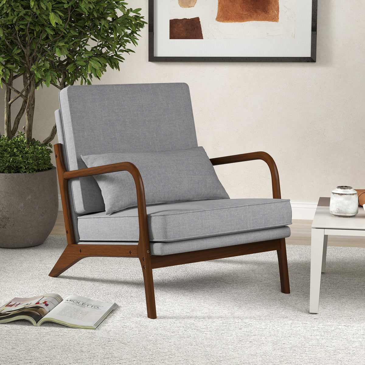 Modern Accent Chair with Rubber Wood Armrests and Removable Back-Gray view 2