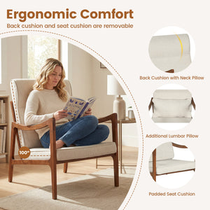 Modern Accent Chair with Solid Rubber Wood Faux Leather Upholstered Armchair-White view 7