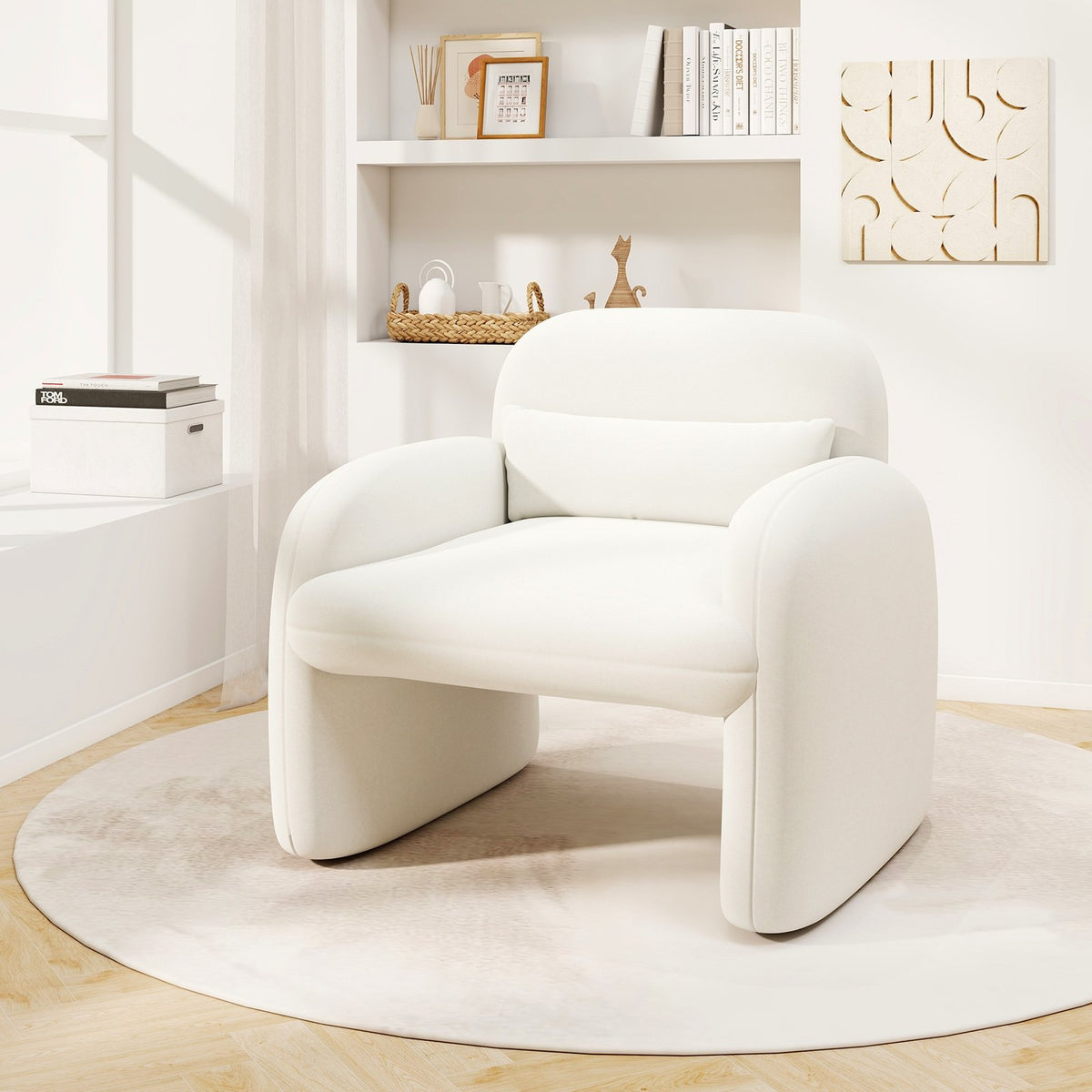 Modern Accent Chair with Waist Pillow and Armrests for Living Room Bedroom-Beige view 2