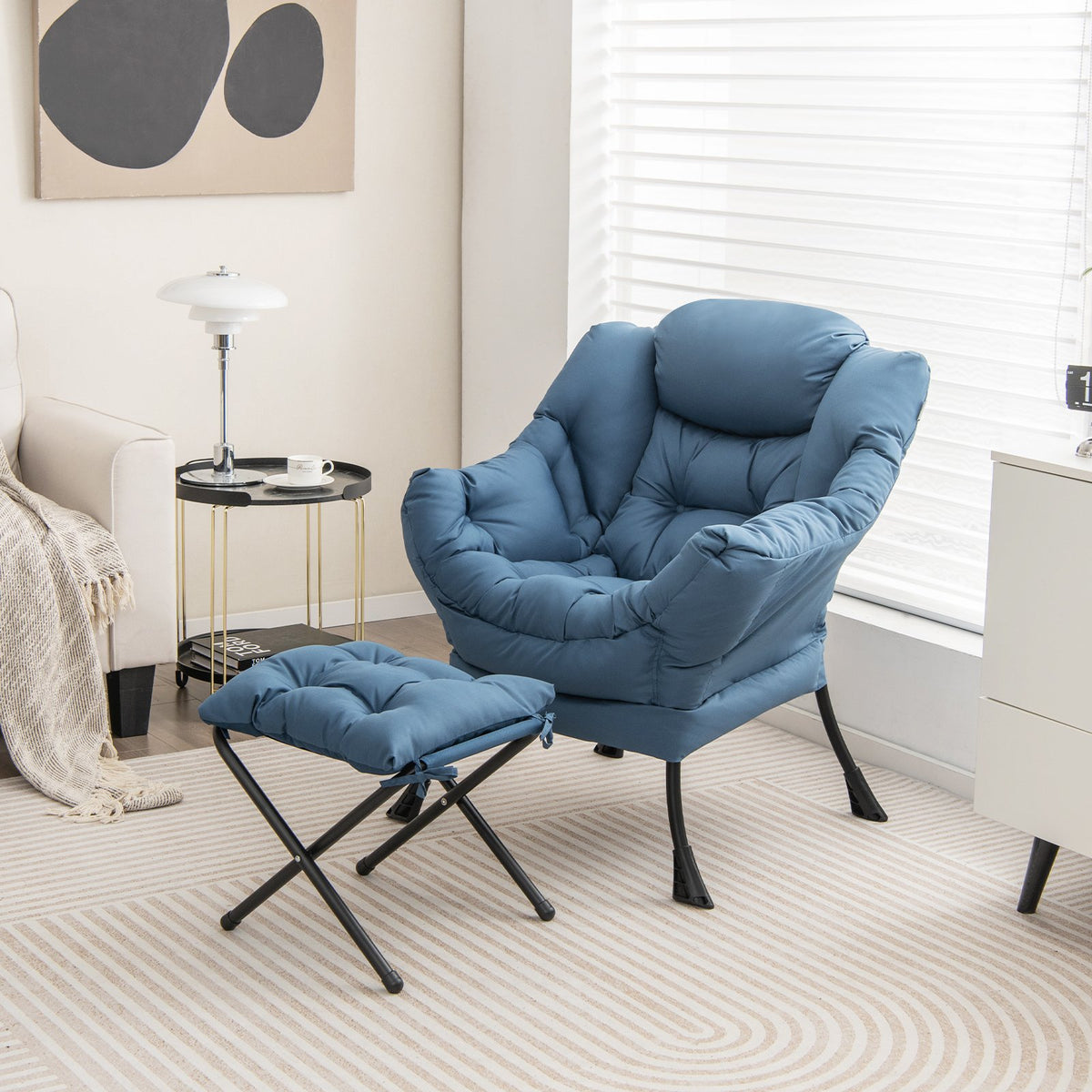 Modern Accent Sofa Chair with Folding Footrest and Side Pocket-Navy view 2