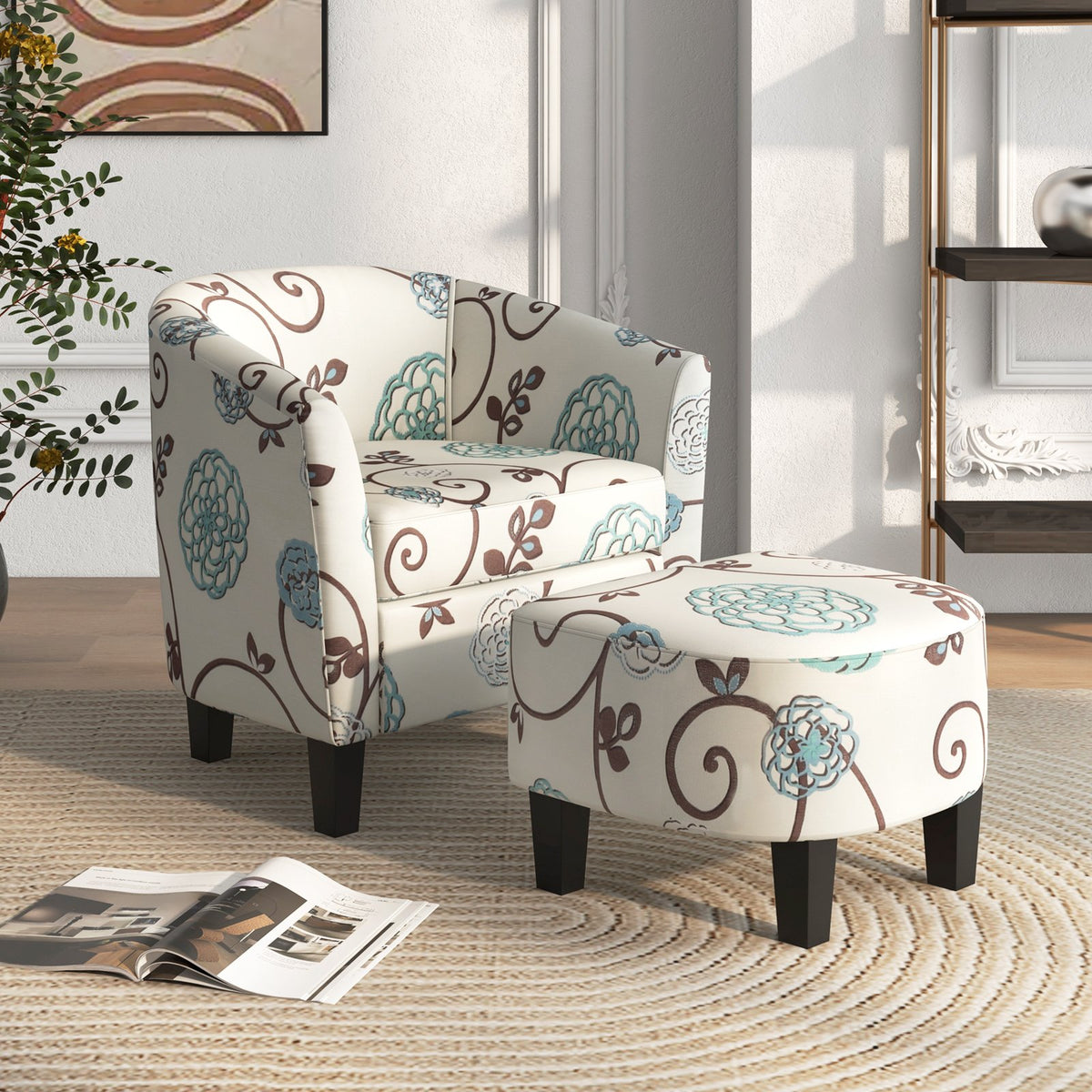 Modern Accent Tub Chair and Ottoman Set with Fabric Upholstered-Beige view 2