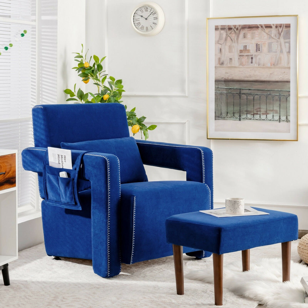 Modern Berber Fleece Single Sofa Chair with Ottoman and Waist Pillow-Blue view 2
