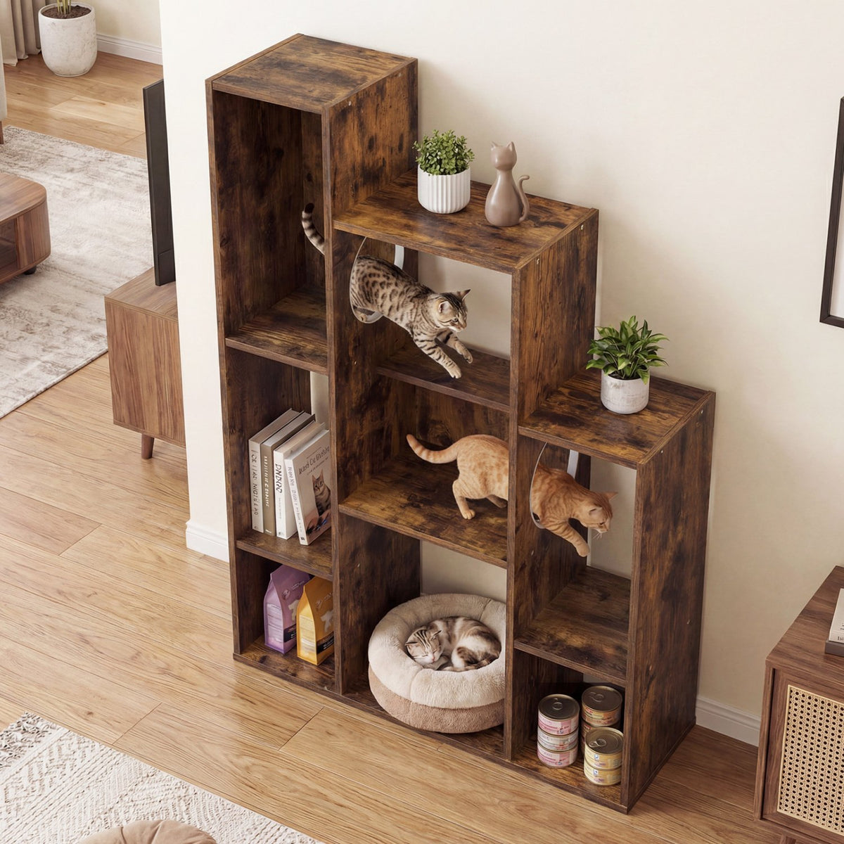 Modern Cat Bookshelf Cat Tree 8-Section Storage Cabinet with 2 Round Holes-Rustic Brown view 2