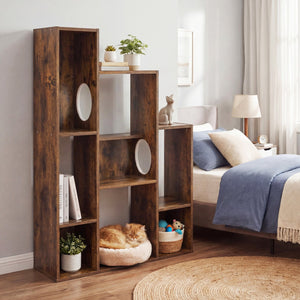 Modern Cat Bookshelf Cat Tree 8-Section Storage Cabinet with 2 Round Holes-Rustic Brown view 3