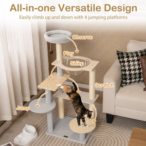 Modern Cat Tree 44 Inch Multi-level Cat Tower with Removable Padded Top Perch-Natural view 8