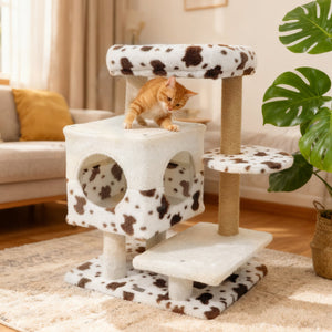 Modern Cat Tree Indoor Cat Tower with Wide Upholstered Perch and 2-Entrance Cat Condo-White view 2