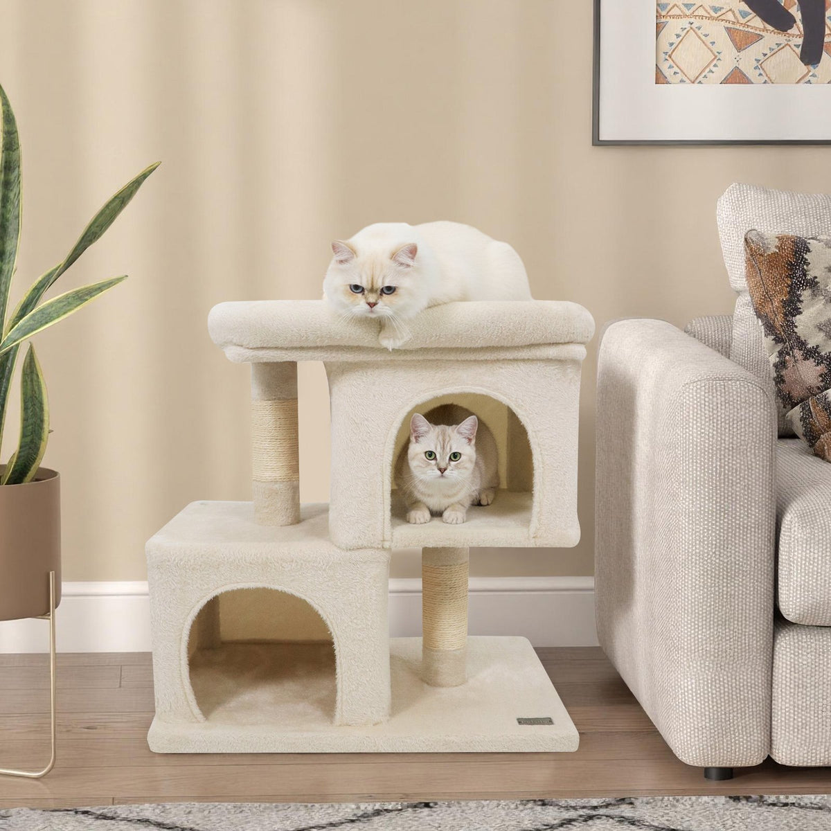 Modern Cat Tree Space-saving Cat Tower with Upholstered Perch and 2 Cat Condos-Beige view 2