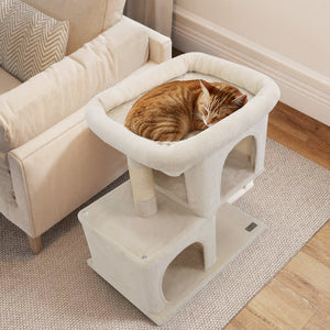 Modern Cat Tree Space-saving Cat Tower with Upholstered Perch and 2 Cat Condos-Beige view 3