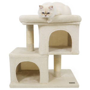 Modern Cat Tree Space-saving Cat Tower with Upholstered Perch and 2 Cat Condos-Beige view 4