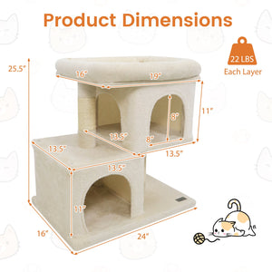 Modern Cat Tree Space-saving Cat Tower with Upholstered Perch and 2 Cat Condos-Beige view 5