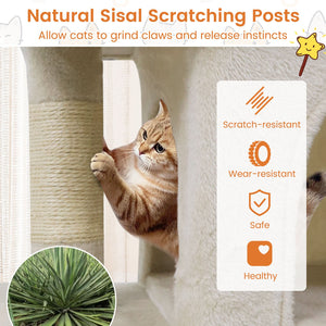 Modern Cat Tree Space-saving Cat Tower with Upholstered Perch and 2 Cat Condos-Beige view 8