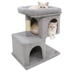 Modern Cat Tree Space-saving Cat Tower with Upholstered Perch and 2 Cat Condos-Gray