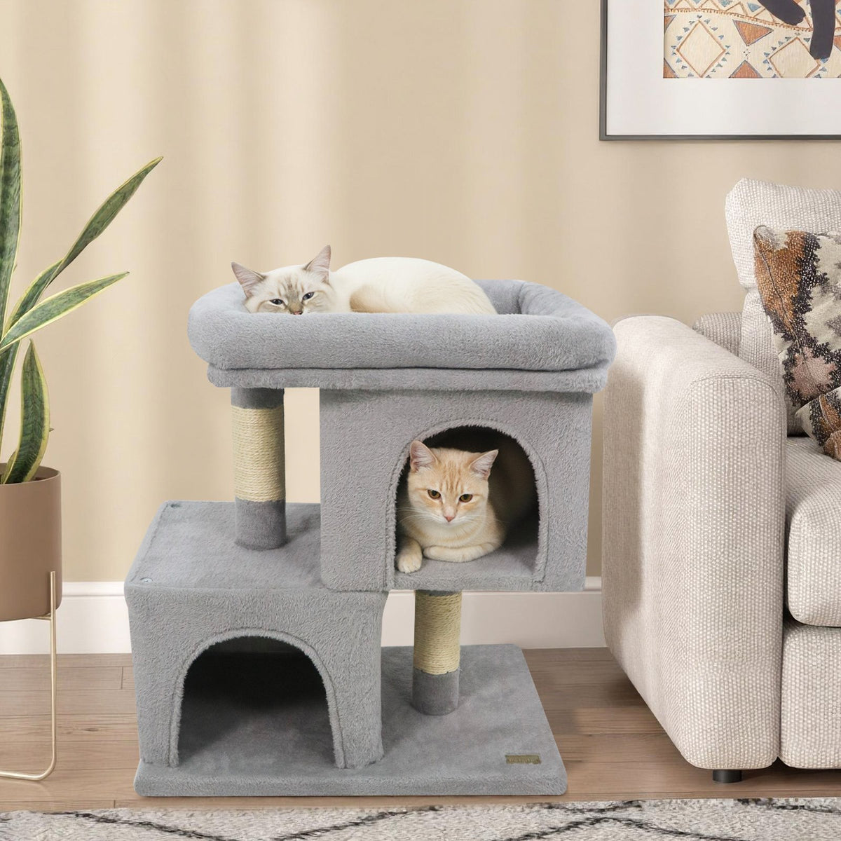 Modern Cat Tree Space-saving Cat Tower with Upholstered Perch and 2 Cat Condos-Gray view 2