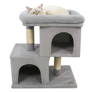 Modern Cat Tree Space-saving Cat Tower with Upholstered Perch and 2 Cat Condos-Gray view 4