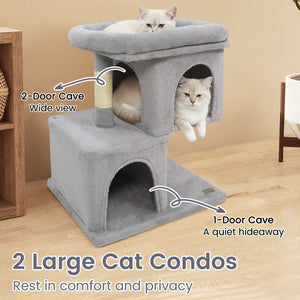Modern Cat Tree Space-saving Cat Tower with Upholstered Perch and 2 Cat Condos-Gray view 6