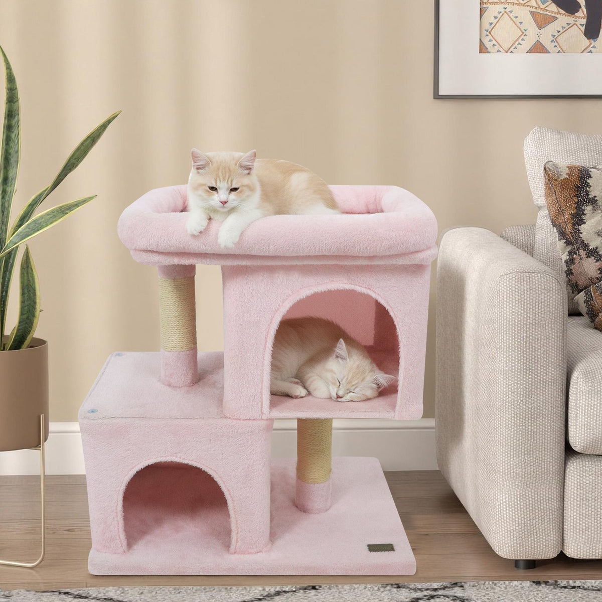 Modern Cat Tree Space-saving Cat Tower with Upholstered Perch and 2 Cat Condos-Pink view 2