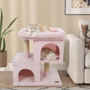Modern Cat Tree Space-saving Cat Tower with Upholstered Perch and 2 Cat Condos-Pink view 2