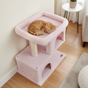 Modern Cat Tree Space-saving Cat Tower with Upholstered Perch and 2 Cat Condos-Pink view 3