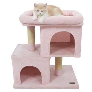 Modern Cat Tree Space-saving Cat Tower with Upholstered Perch and 2 Cat Condos-Pink view 4