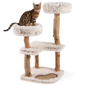 Modern Cat Tree Tower 40 inches with Luxury Real Wood Natural Branch-White