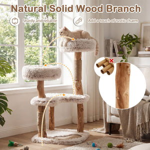 Modern Cat Tree Tower 40 inches with Luxury Real Wood Natural Branch-White view 7