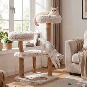 Modern Cat Tree Tower 40 inches with Luxury Real Wood Natural Branch-White view 8