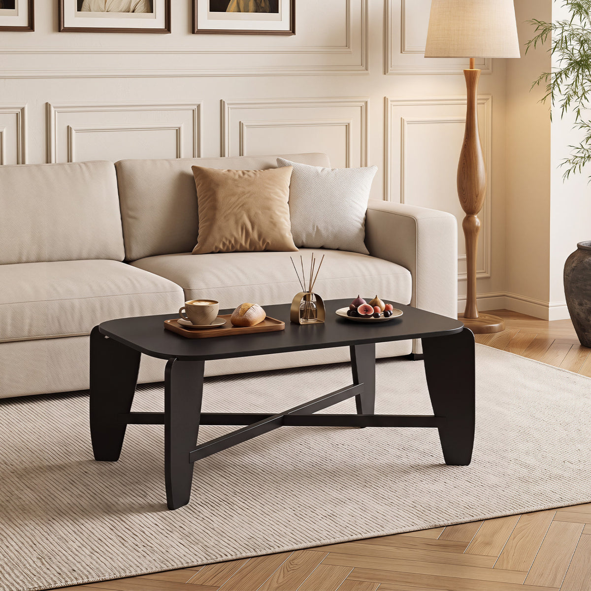 Modern Coffee Table with Rubber Wood Cross-Leg Base Rectangular Center Table-Black view 2