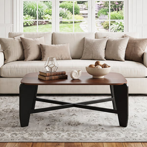 Modern Coffee Table with Rubber Wood Cross-Leg Base Rectangular Center Table-Walnut view 3