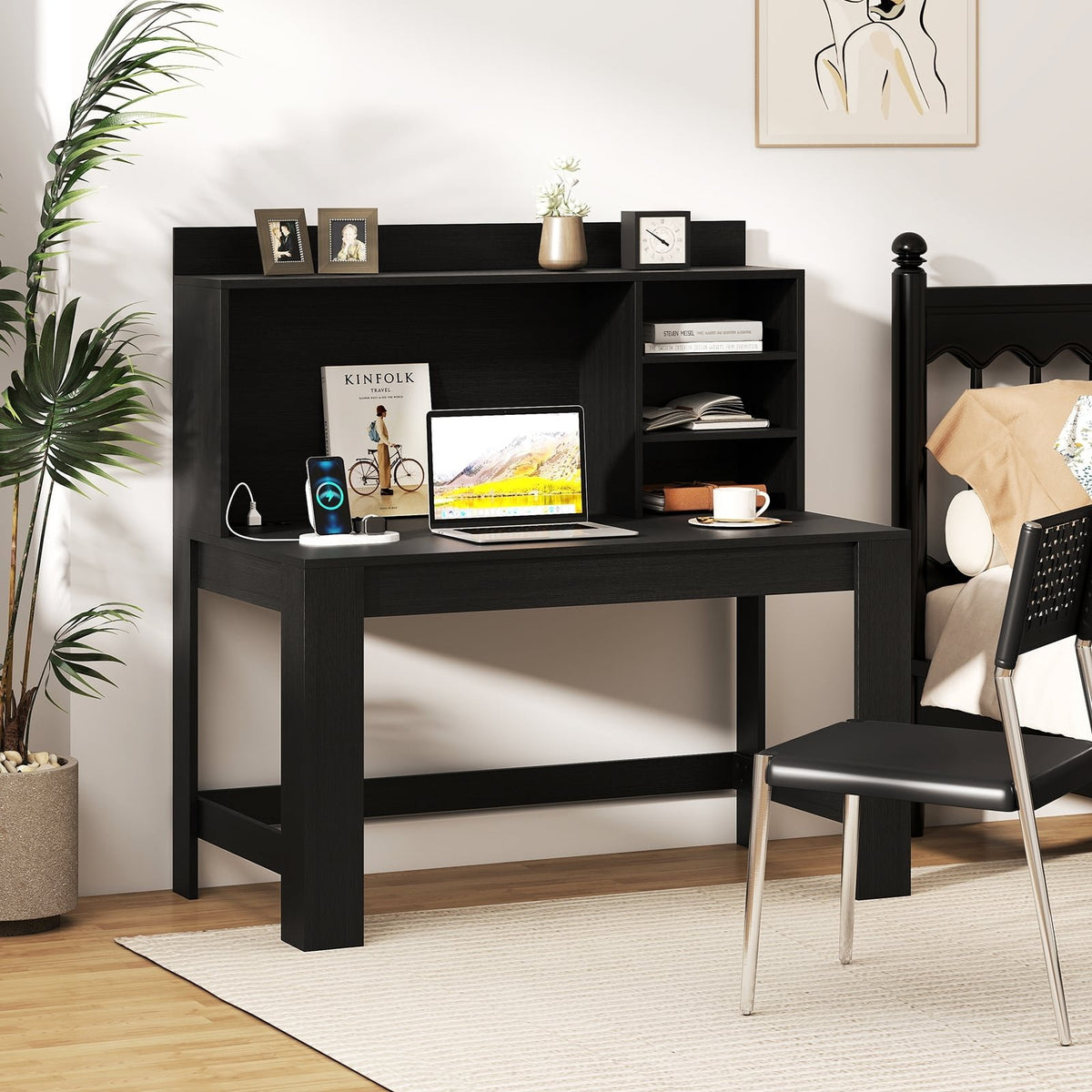 Modern Computer Desk with Hutch and Storage Shelves-Black view 2