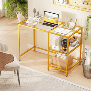 Modern Console Table with 2 Open Shelves and Metal Frame-Golden view 3