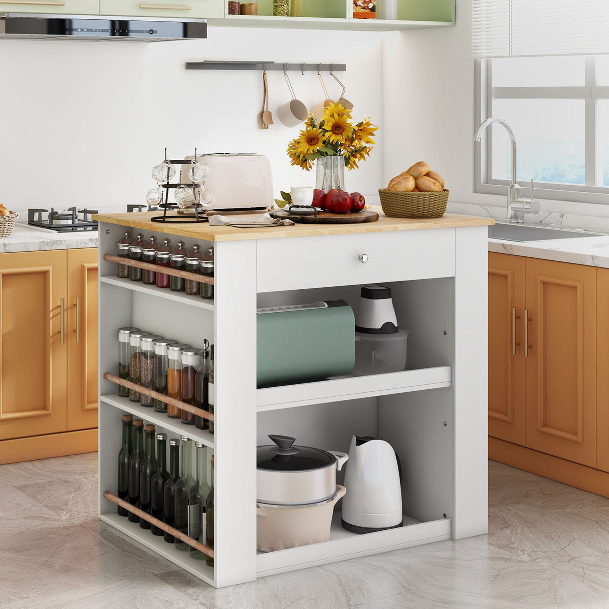 Modern Kitchen Island with Rubber Wood Countertop and Storage-White view 2