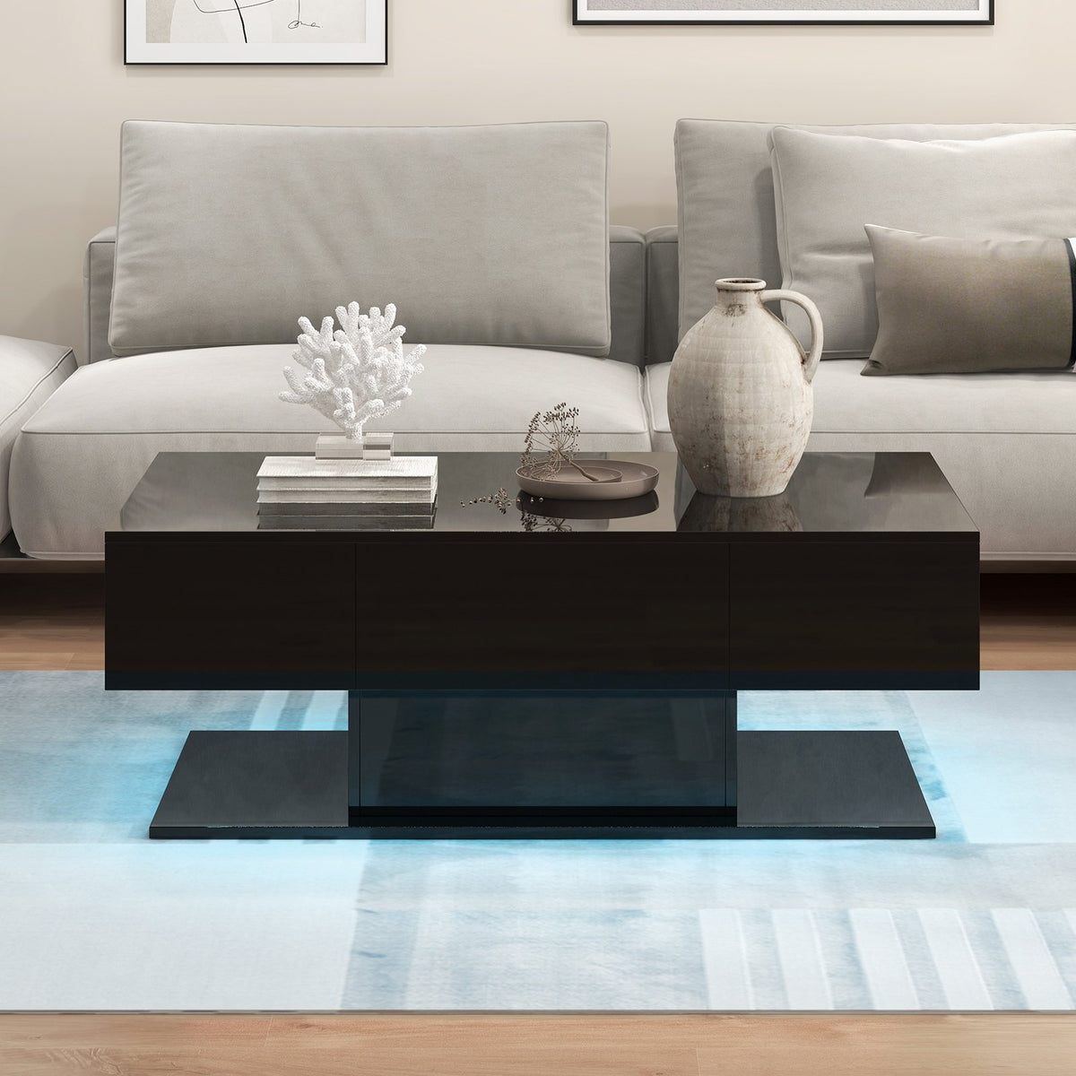 Modern LED Coffee Table with 20 Color LED Lights and 2 Storage Drawers-Black view 2