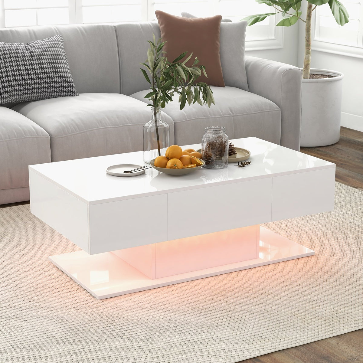 Modern LED Coffee Table with 20 Color LED Lights and 2 Storage Drawers-White view 2