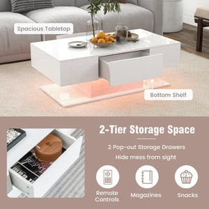 Modern LED Coffee Table with 20 Color LED Lights and 2 Storage Drawers-White view 8