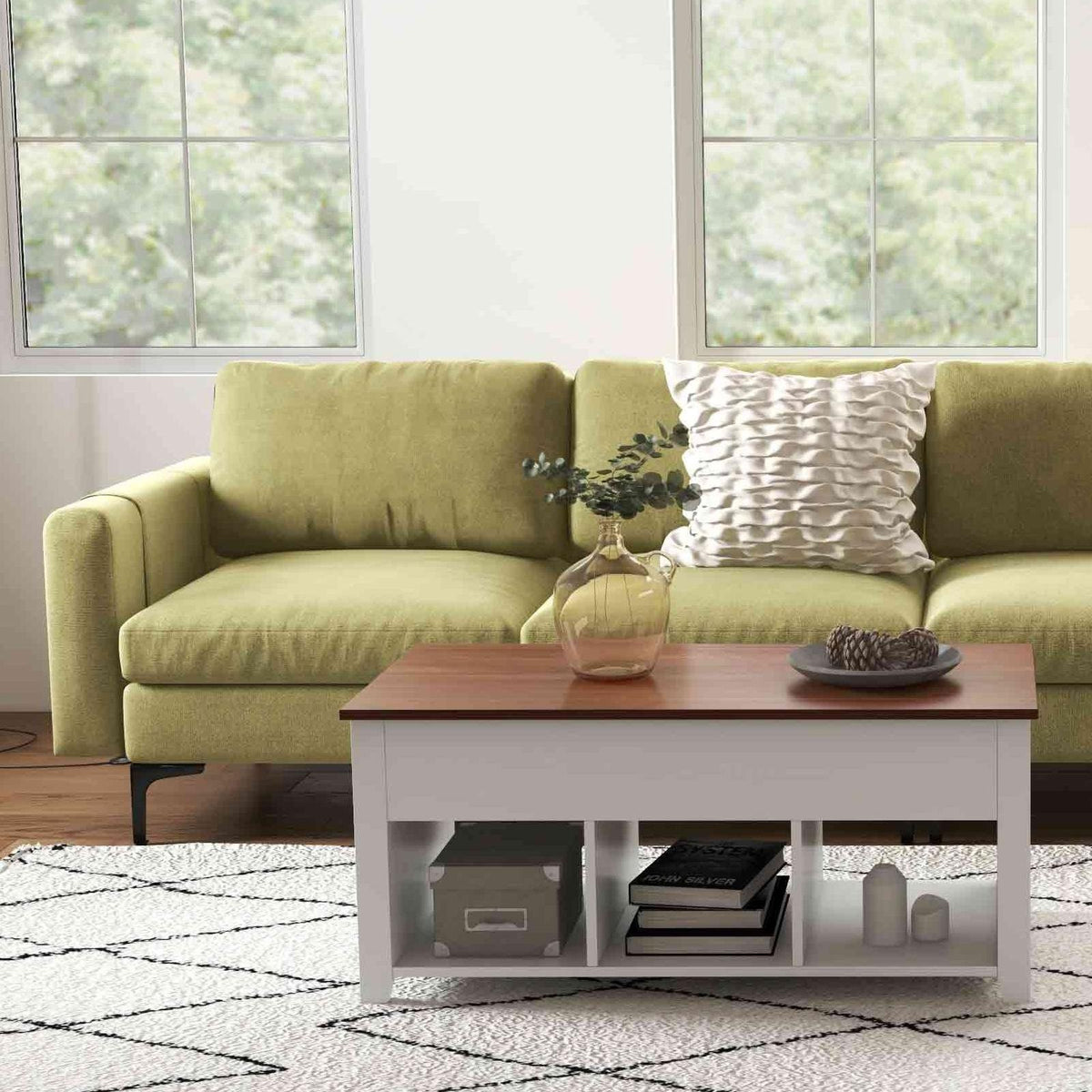 Modern Living Room Set: Modular L-shaped Sectional Sofa, Lift Top Coffee Table & 3-Globe Floor Lamp view 2