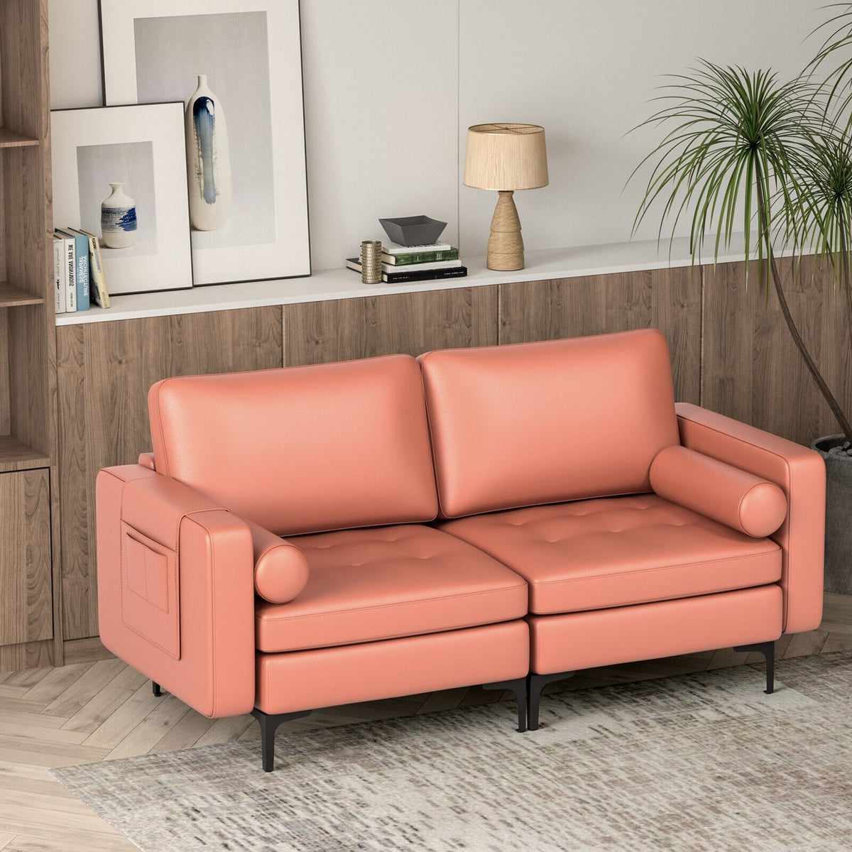 Modern Loveseat Sofa with 2 Bolsters and Side Storage Pocket-Pink view 2