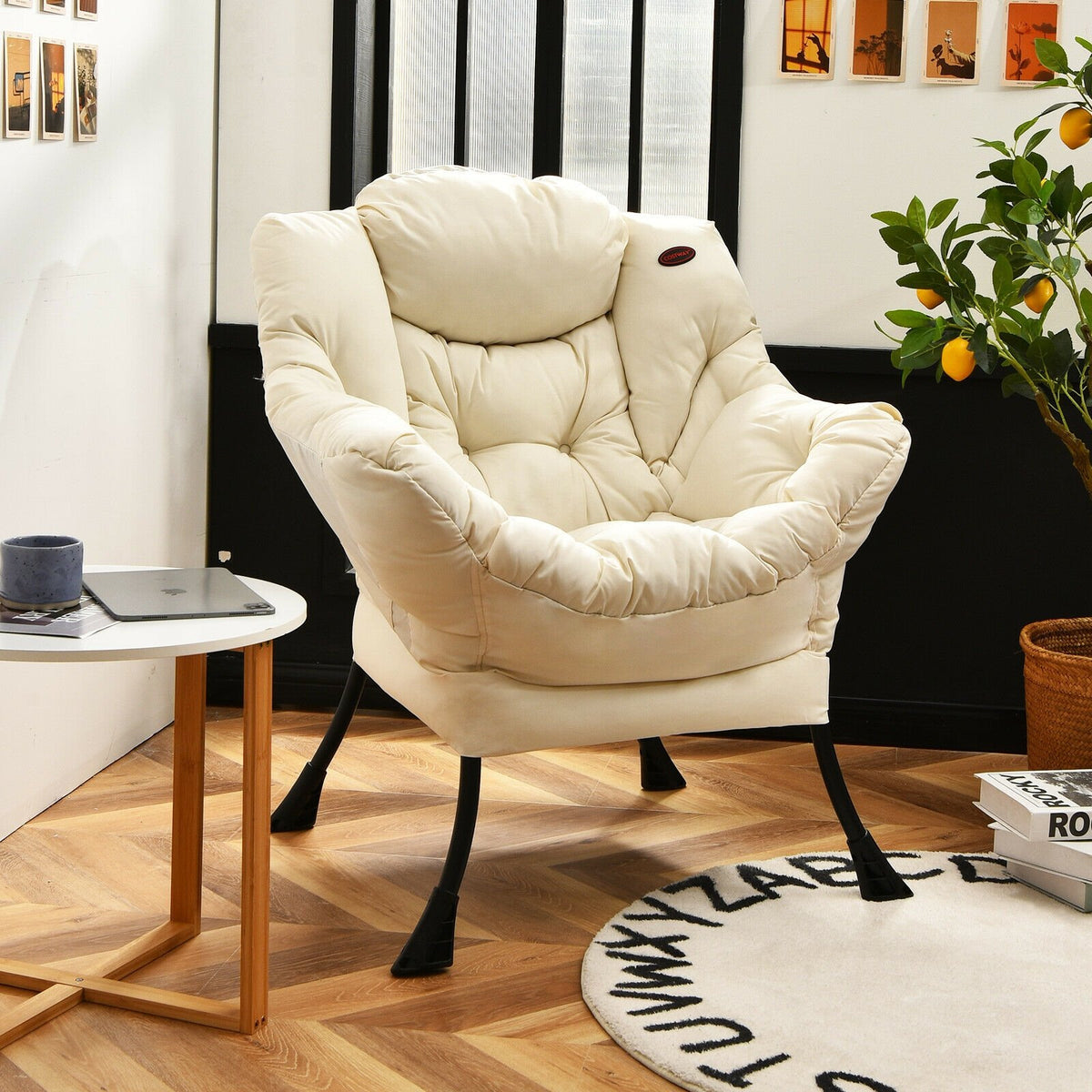 Modern Polyester Fabric Lazy Chair with Steel Frame and Side Pocket-Beige view 2